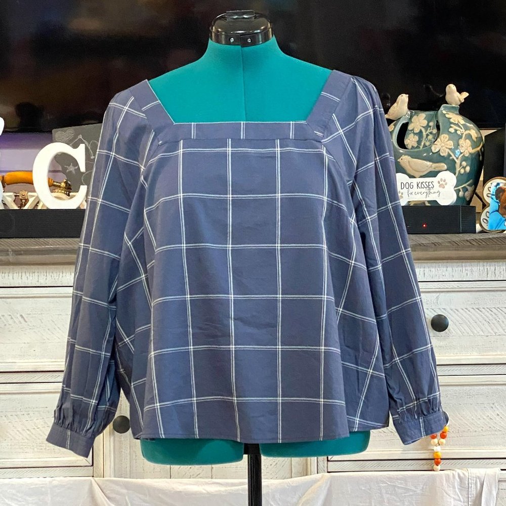 Ana Blue Plaid Box Collar Long Sleeve Blouse OX